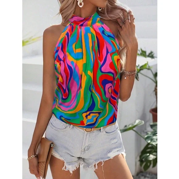 Bright Multicolor Abstract Print Halter Top - Picture 3 of 6